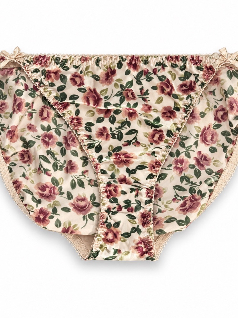 Floral Satin Briefs for Women - Pink & Cream Rose Print